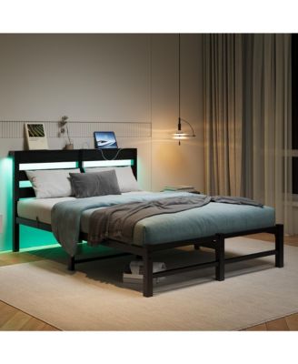 Full Size Metal Bed Wooden Headboard RGB Lights Charger Storage