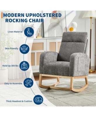 Modern Nursery Rocking Chair with Wood Legs and Side Pocket