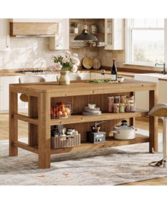 63-Inch Solid Wood Kitchen Island with Storage Shelves, Farmhouse Island Table with Seating, Counter Height Bar Table