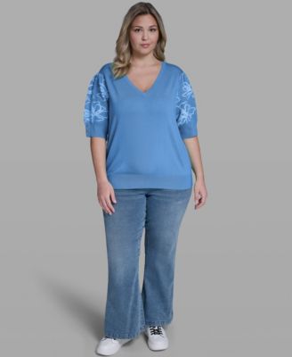 Plus Size Floral Printed Sleeve Sweater