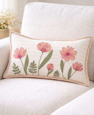 Poppy Garden Spring Embroidered Lumbar Decorative Pillow, 14" x 24"