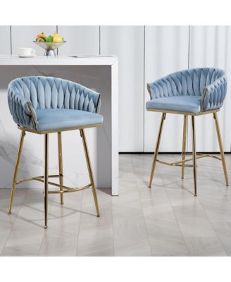 Velvet Bar Stools Set of 2 - Hand-Wave Back, Golden Chrome Base and Footrest, Counter Height Chairs for Kitchen Island, Home Pub