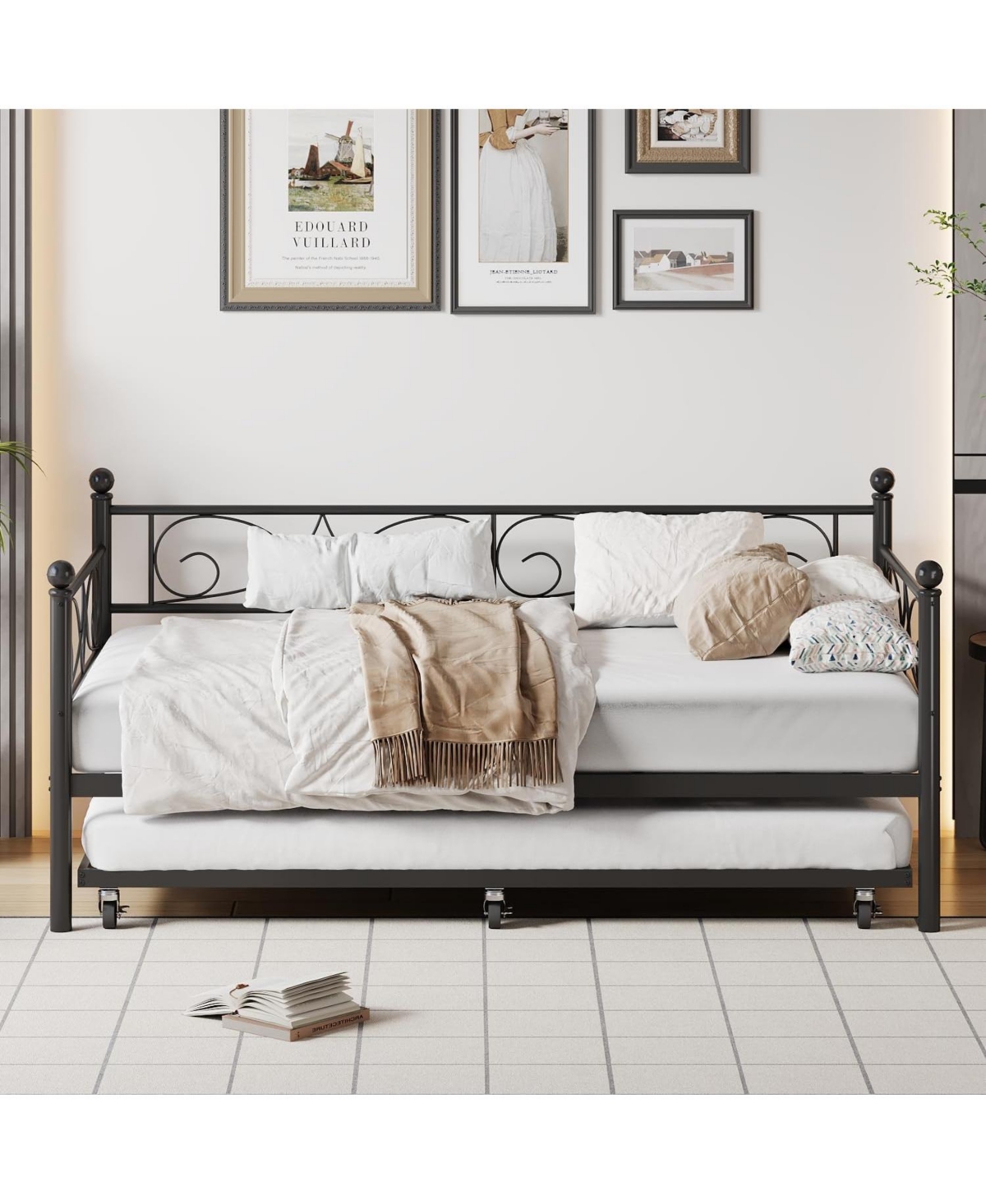 gaomon Twin Daybed with Trundle, Metal Trundle Bed, Sofa Bed Frame, Heavy Duty Slats, for Living Room, Bedroom, Guest Space Saving