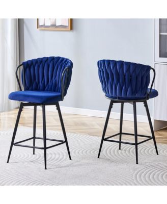 Velvet Bar Stool Set of 2, Swivel Counter Height Chairs with Metal Frame and Woven Rope Backrest for Kitchen Island, Home Pub