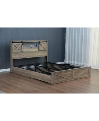  Farmhouse Bed Frame With LED Lights Charging Station 2 Storage Drawers