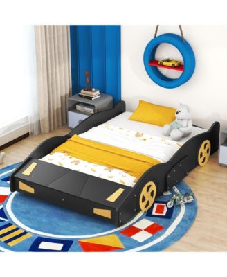 Race Car Shaped Platform Bed Wheels Storage Pine Wood MDF