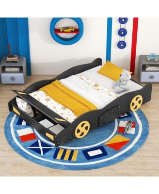 Race Car Shaped Platform Bed Wheels Storage Pine Wood MDF