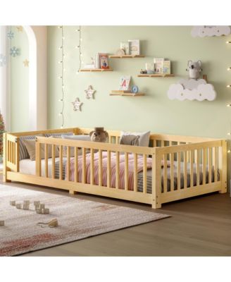 Kids Floor Bed with Safety Guardrails Removable Slats and Door Wood Construction