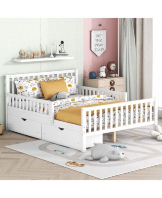  Wood Platform Bed with Dual Side Guardrails Two Storage Drawers and Slat Support