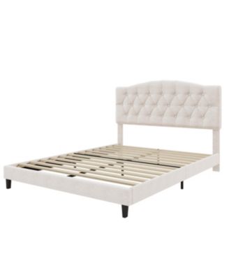 Upholstered Platform Bed Saddle Curved Adjustable Headboard Diamond Tufted Beige No Box Spring