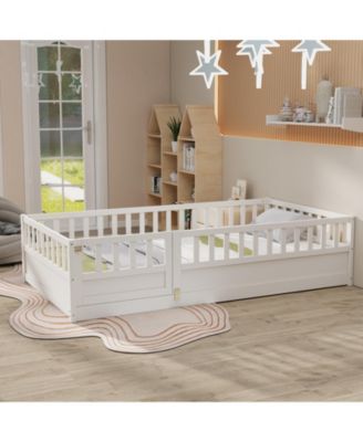 Montessori Wooden Floor Bed With Support Slat High Barrier And Door