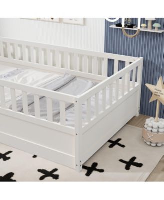 Montessori Wooden Floor Bed With Support Slat High Barrier And Door