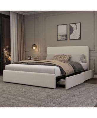 Queen Size Double Drawer Soft Bag Bed, Corduroy White Upholstered Bed with Storage, Soft and Comfortable Mattress, No Box Spring Needed