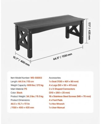 44.5-Inch Weatherproof Plastic Outdoor Bench with Adjustable Feet
