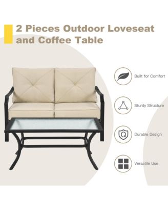 2PCS Outdoor Loveseat Set Cushioned Patio Bench Sofa w/ Coffee Table