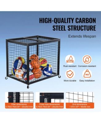 Rolling Sports Ball Storage Cart with Double Lid, Steel Equipment Organizer for Garage and Gym