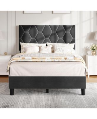 Twin Size MDF + Iron + Fabric Diagonal Grid Soft Mattress, Comfortable Upholstered Bed Frame in Gray, No Box Spring Needed, Space-Saving Design