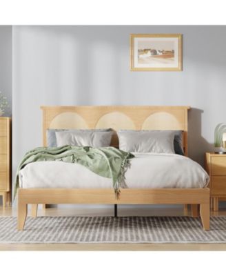 Queen Boho Rattan Bed Frame with RGB LED Headboard, Underbed Storage, Solid Wood Slats, No Box Spring, Easy Assembly