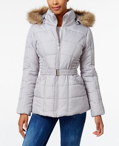 Rampage Faux-Fur-Trim Hooded Belted Puffer Coat, Only at Macy's