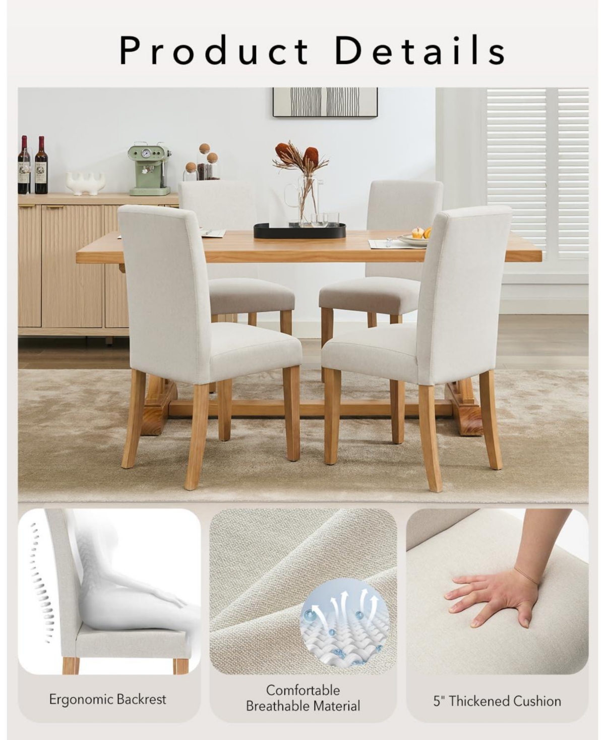 gaomon Dining Chairs Set of 2,Modern Fabric Upholstered Ergonomic Chairs with Curved Backrest,Heavy-Duty Wood Legs for Dining Room Kitchen Home Office
