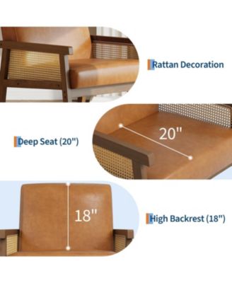 PU Leather Accent Chair,Rattan Armchair with Wooden Frame,High Back,Upholstered Reading Chair Leisure Chairs for Living Room Bedroom