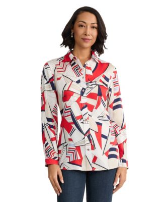 Women's Long Sleeve Printed Satin Twill Button-Front Top