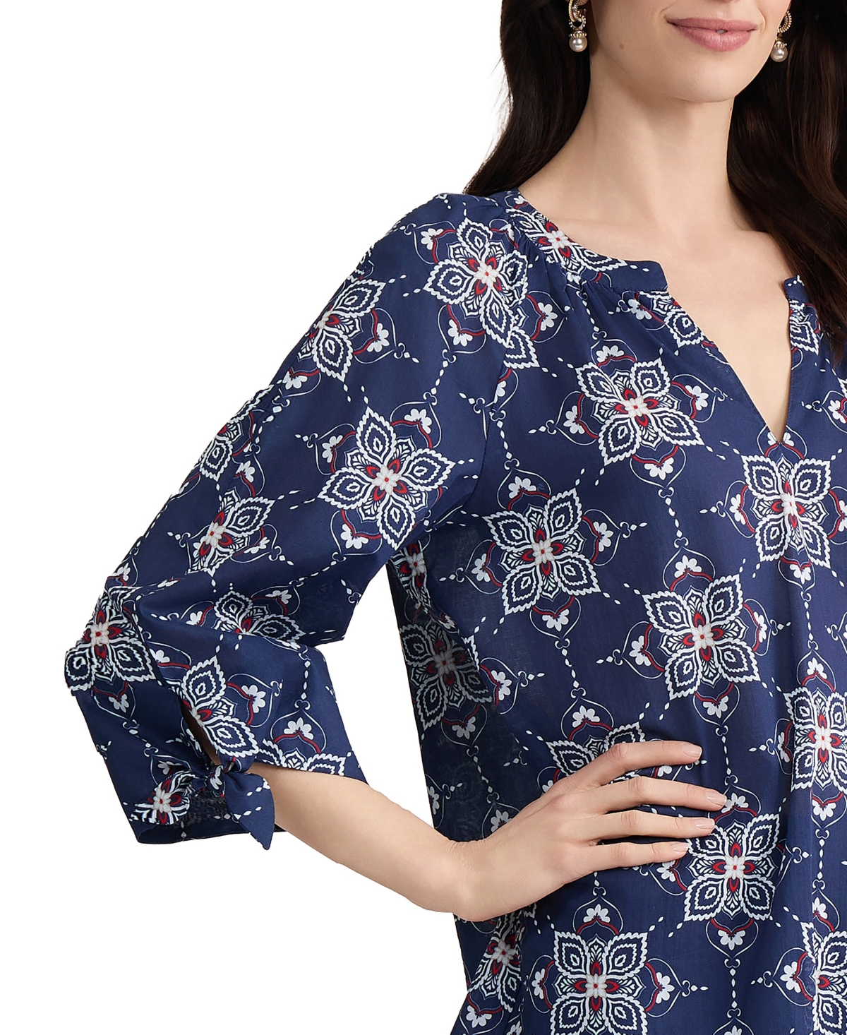 Jones New York Women's Raglan Sleeve V-Neck Printed Cotton Blouse