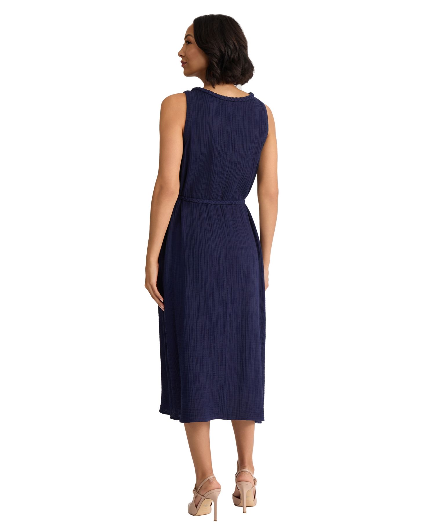 Women's Sleeveless Crinkle Belted Midi Dress