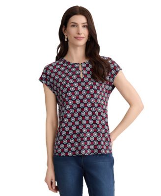 Women's Cap Sleeve Hardware Detail Printed Jersey Top