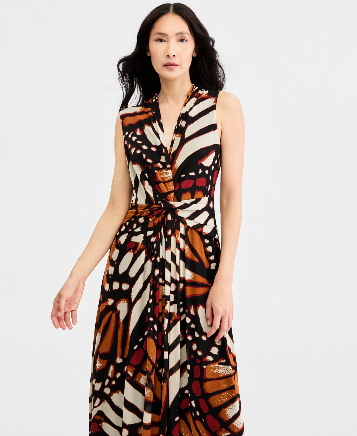 Women's Twist Front Sleeveless Midi Printed Mesh Dress