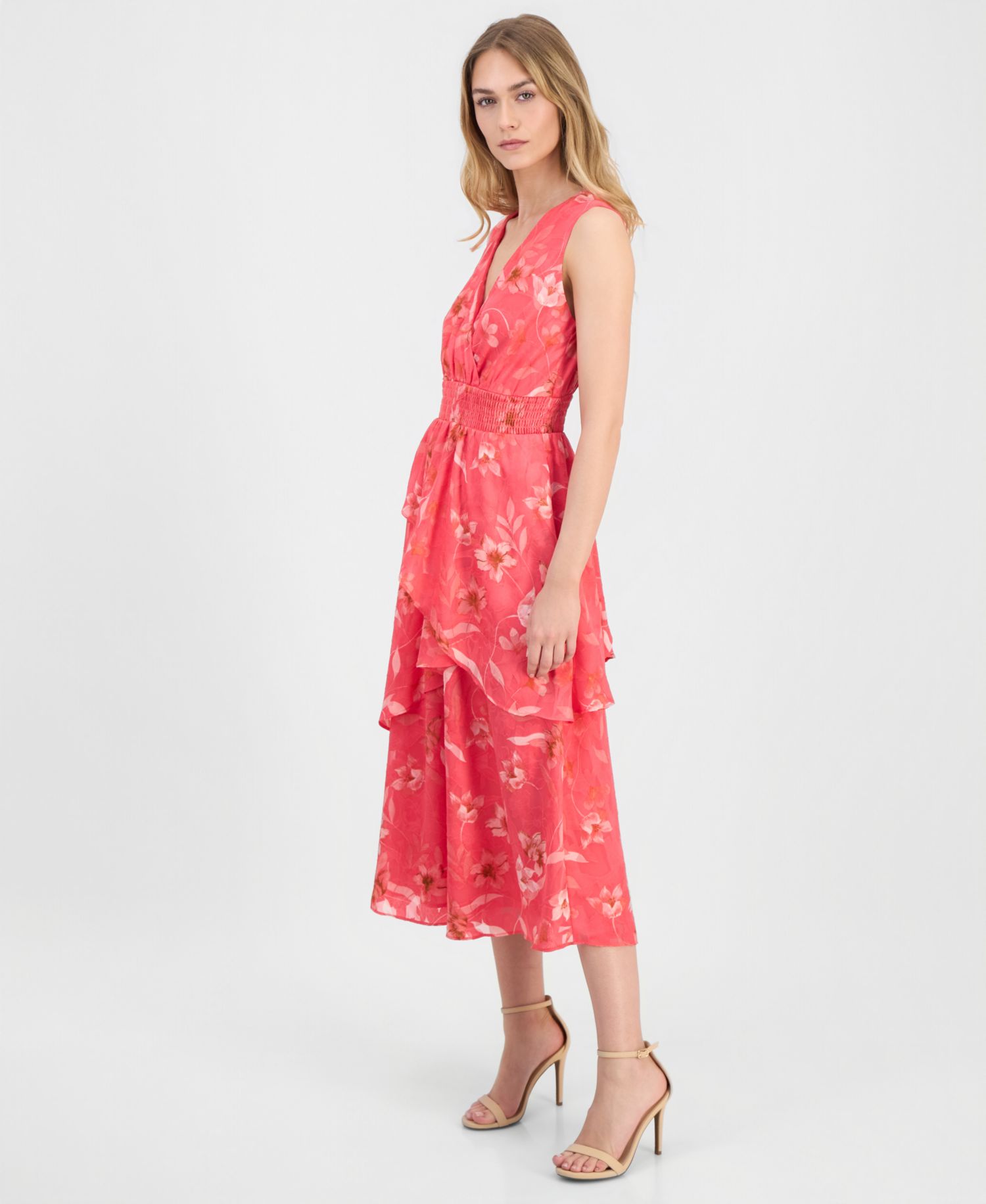 Women's Asymmetric-Tiered Floral Chiffon Midi Dress