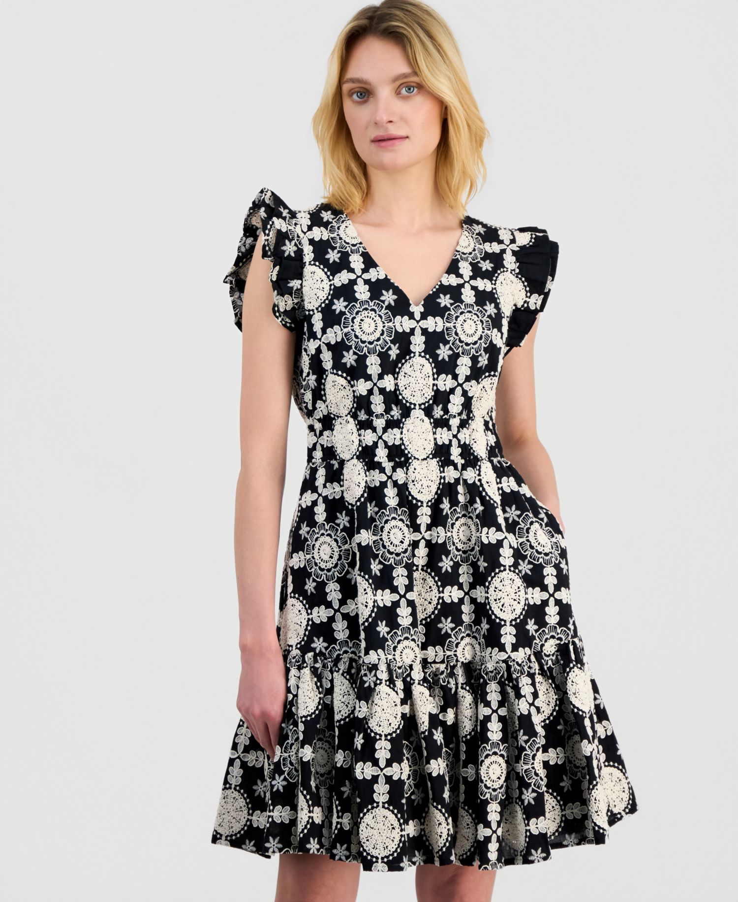 Women's V-Neck Ruffle-Sleeve Embroidered Cotton Dress