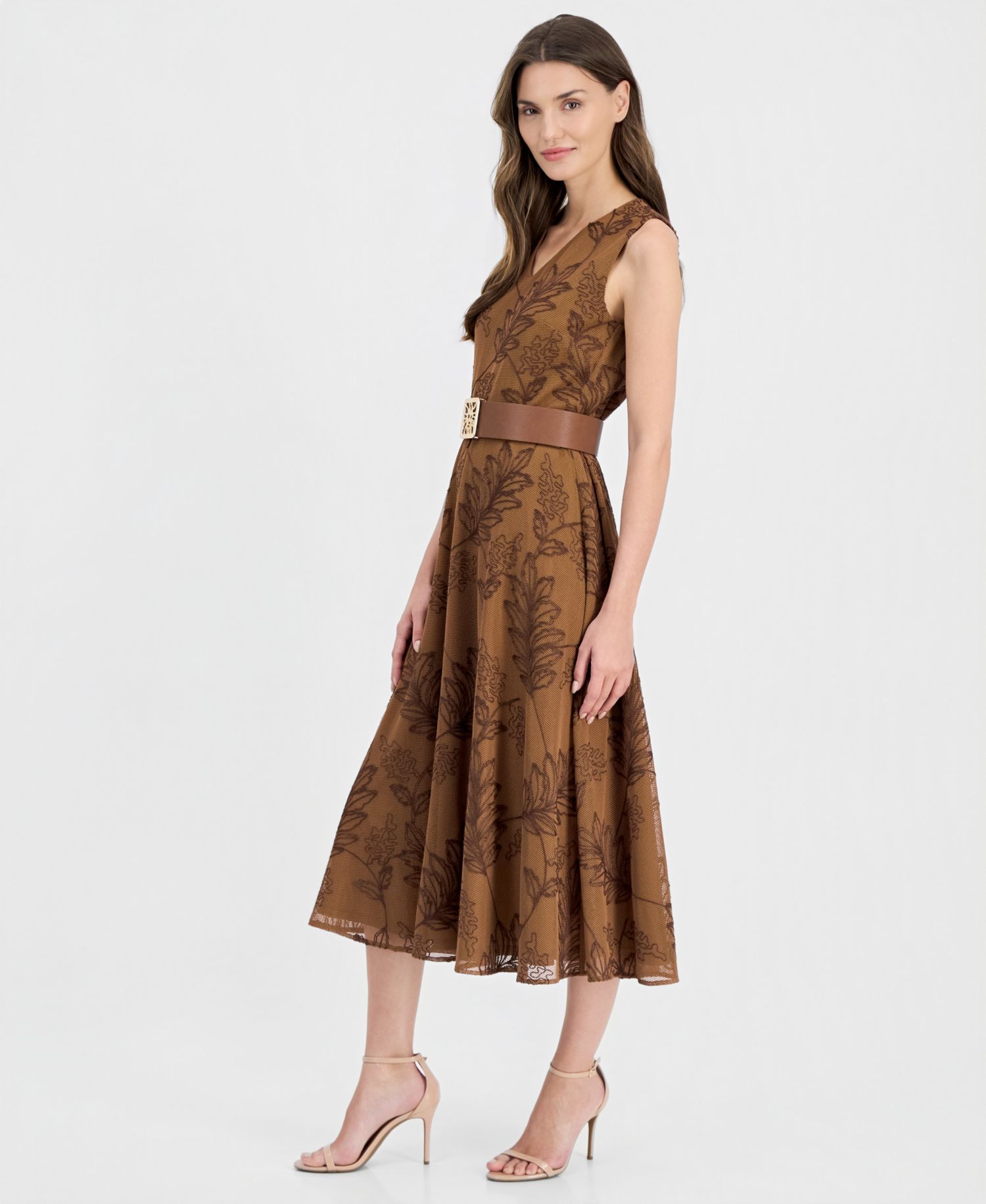 Women's V-Neck Embroidered Belted Midi Dress