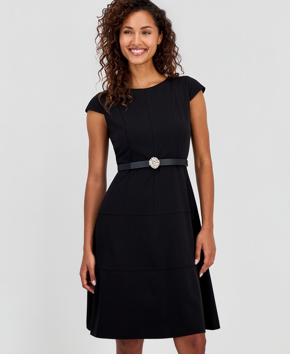 Anne Klein Women's Cap-Sleeve Belted Scuba Crepe Dress view 2 — MAYCSS fashion products