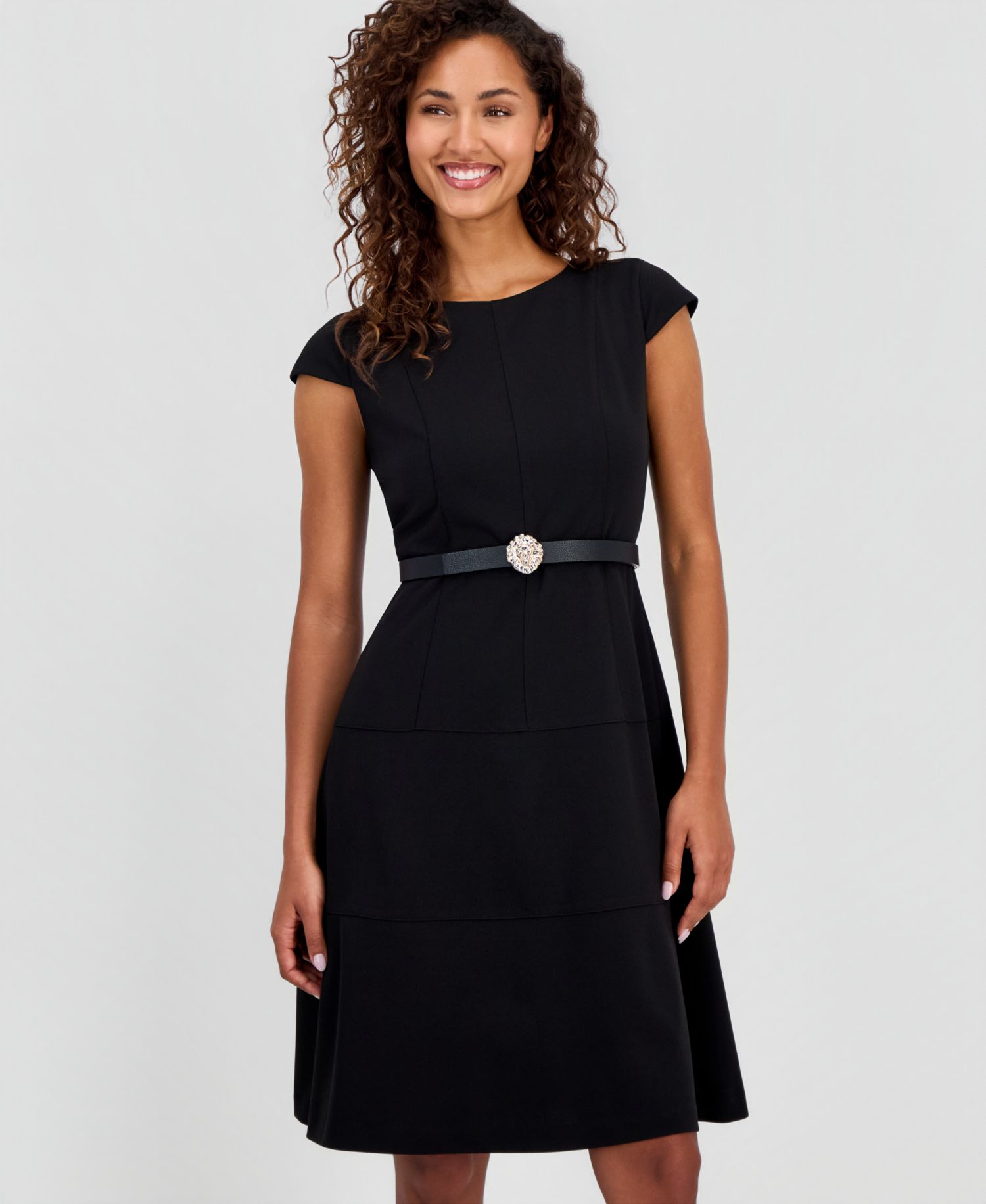 Petite Cap-Sleeve Seamed Scuba Crepe Sheath Dress