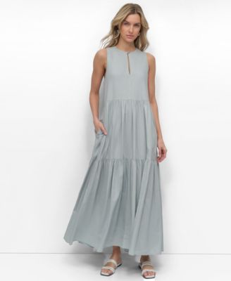 Women's Sleeveless Keyhole Crewneck Tiered Maxi Dress