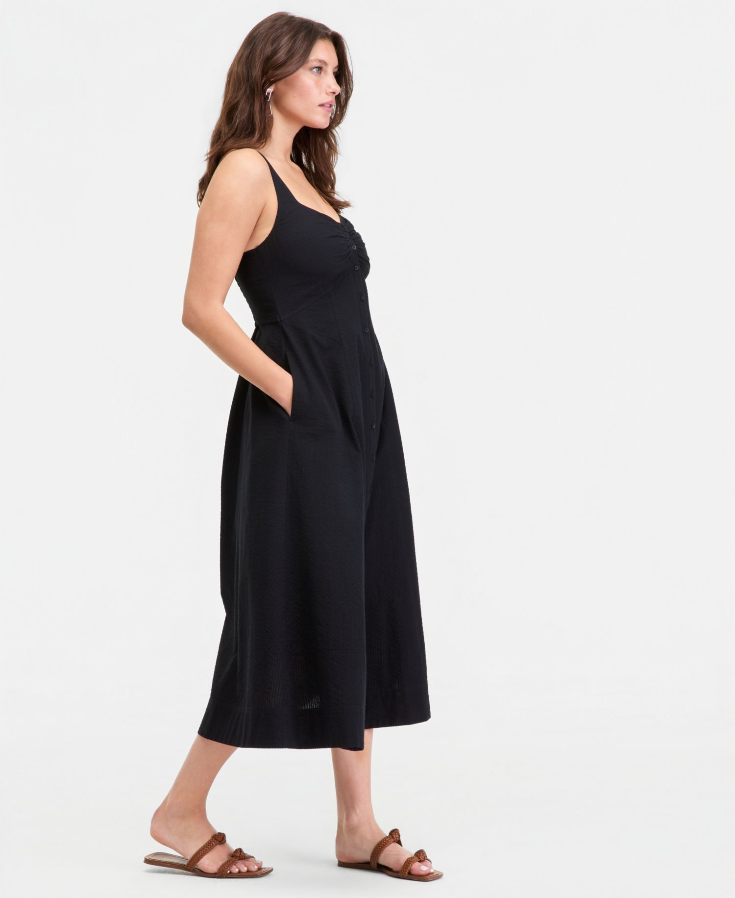Women's Cotton Sweetheart-Neck Button-Front Midi Dress