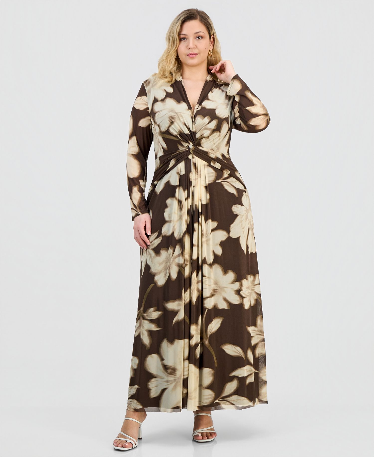 Plus Size Printed Twist-Front Long-Sleeve Mesh Maxi Dress