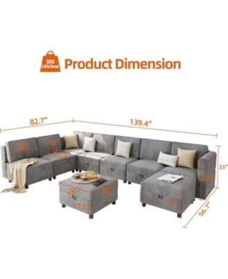 139.4" Chenille Reversible Sectional Sofa, 9-Seater Modular Sectional Sofa, Comfy Sectional Sleeper Sofa Couch with Chaise