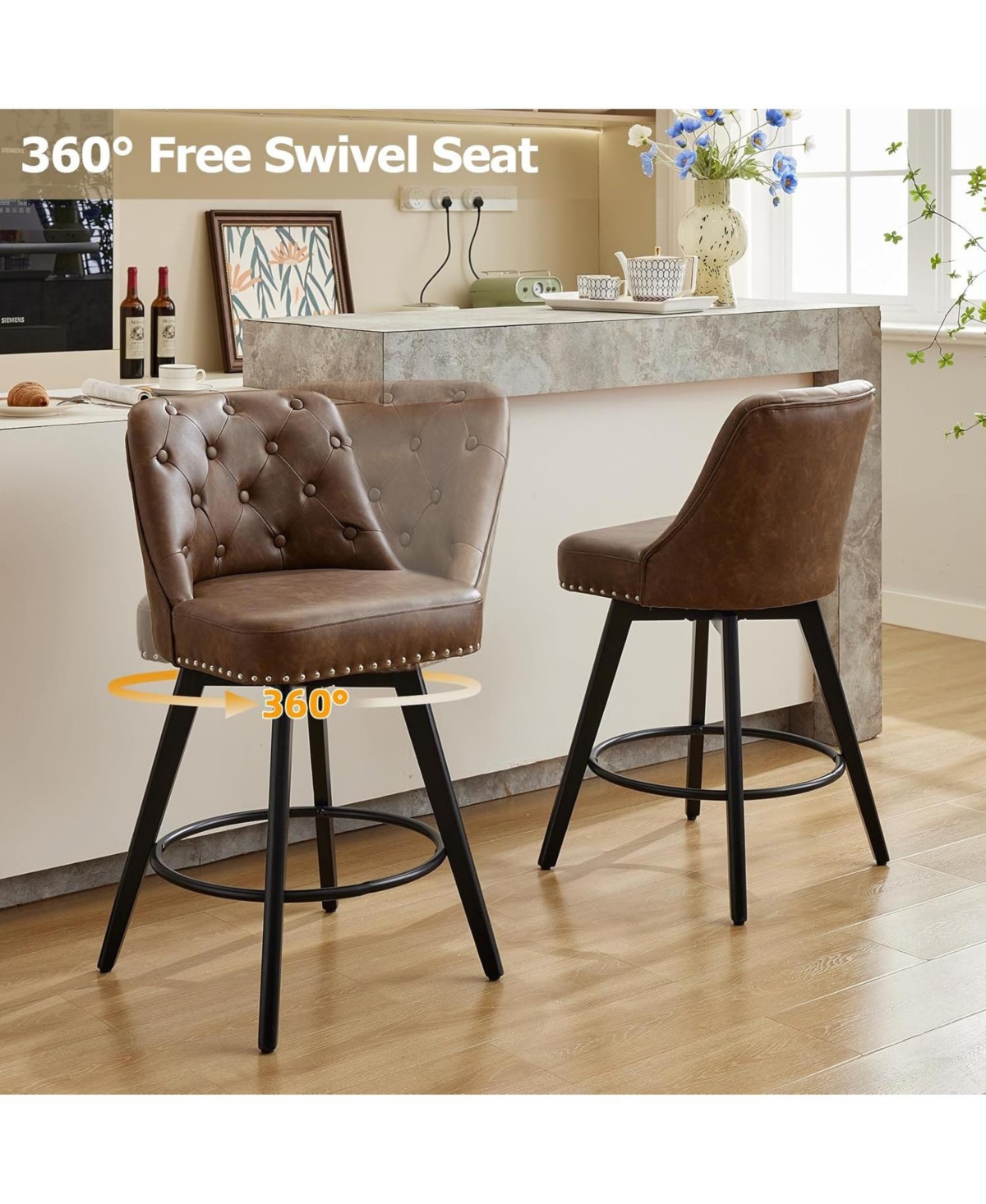 gaomon Counter Height Swivel Bar Stools Set of 2, Leather Upholstered with Wood Legs