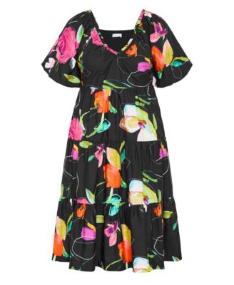 Women's Plus Size Fantasy Print Puff Sleeve Midi Dress