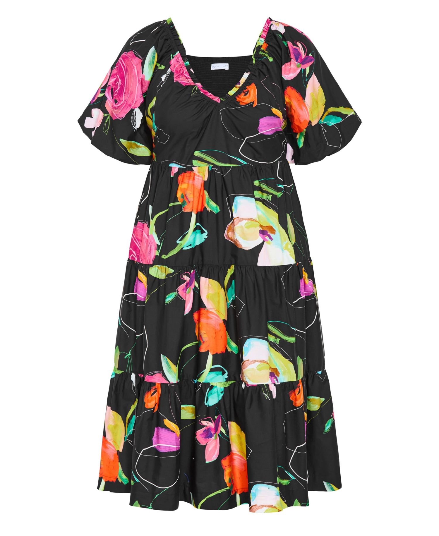 Women's Plus Size Fantasy Print Puff Sleeve Midi Dress