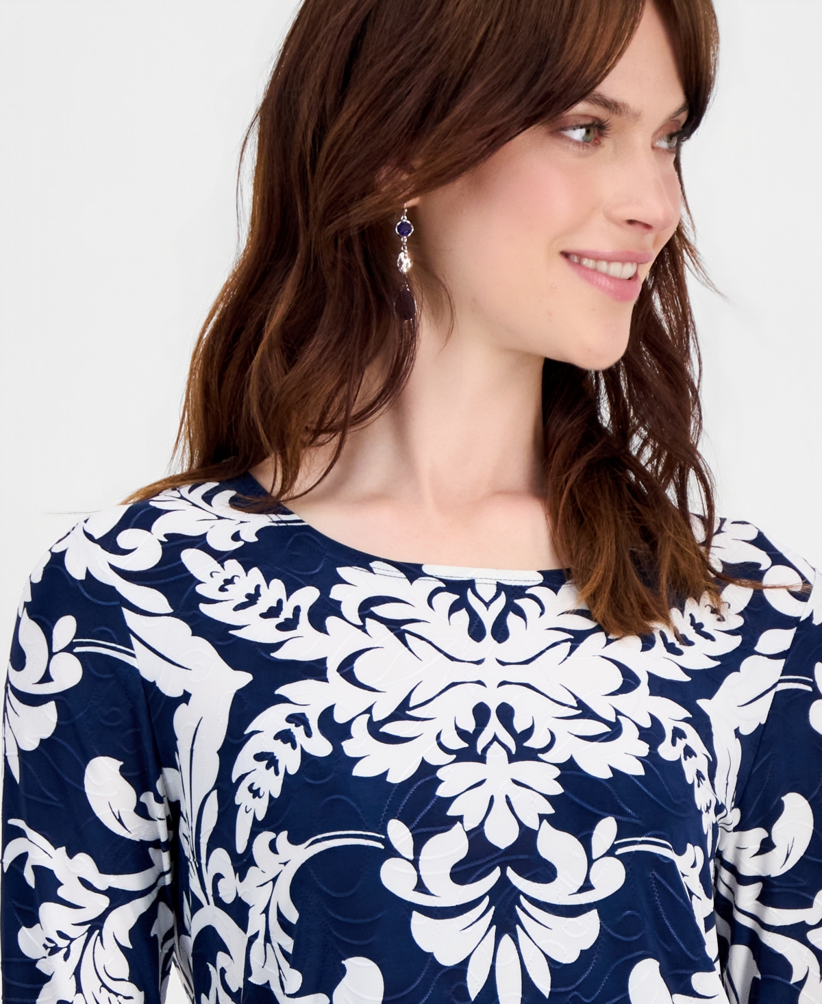 Jm Collection Women's Printed 3/4 Sleeve Scoop-Neck Jacquard Top, Macy's Exclusive