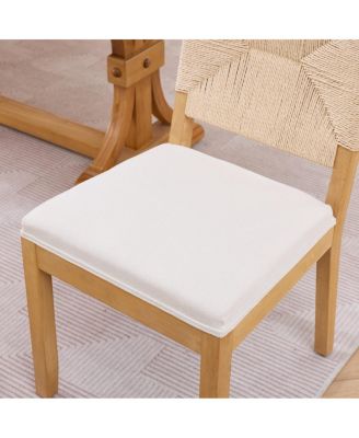 Set of 2 Rope Rattan Dining Chairs with Wood Frame and Linen Seat