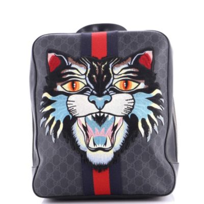 Medium Angry Cat Web Backpack GG Coated Canvas with Applique