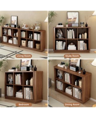 6 Cube Storage Bookcase - Floor Standing 2-Tier Bookshelf, Low Horizontal Wood Book Shelf with Curved Edge for Living Room, Bedroom