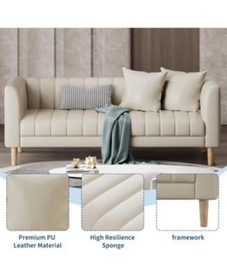 Modern 78" Faux Leather 3-Seater Sofa Couch, Deep Seat with 2 Pillows, Wood Legs, Easy Assembly