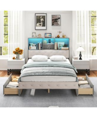 Full Size Bed Frame with Bookcase Headboard and LED Lights