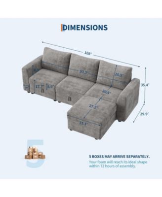 108" Sectional Sofa, L-Shaped Cloud Couch with Storage and Ottoman, 4-Seat Chenille Sofa