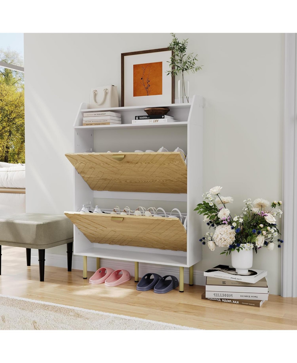 gaomon Shoe Cabinet with 2 Drawers, Slim Freestanding Shoe Storage Organizer, Wood Grain Finish, Hidden Rack